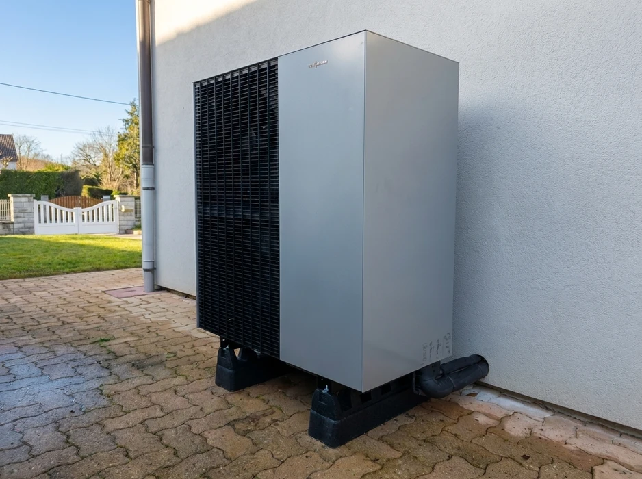 Unité extérieure de pompe à chaleur air/eau installée contre un mur de maison individuelle, posée sur plots anti-vibratoires noirs