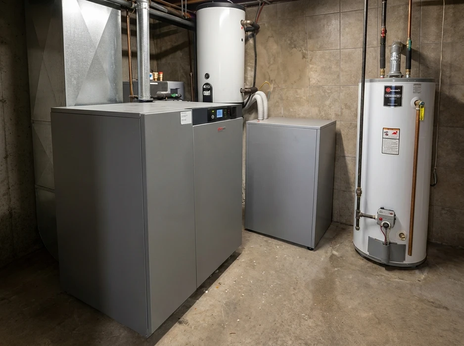 Sous-sol technique résidentiel avec installation de chauffage et production d'eau chaude