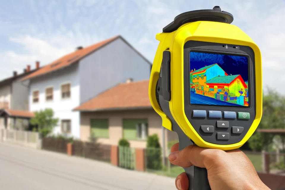Extérieur résidentiel avec professionnel utilisant caméra thermique infrarouge sur maisons individuelles