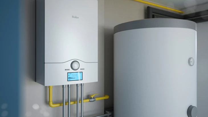 Intérieur d'une chaufferie avec plombier effectuant maintenance sur installation de chauffage