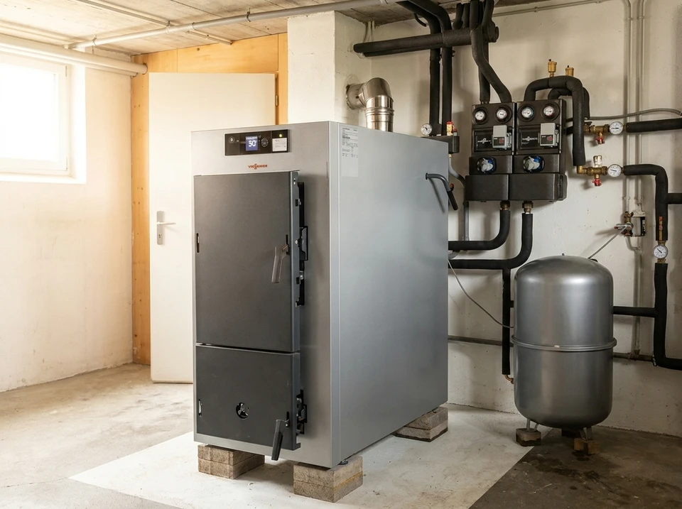 Local technique moderne avec chaudière cylindrique grise, réseau de canalisations blanches avec vannes de régulation, collecteur de distribution, vase d'expansion bleu