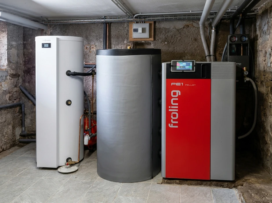Sous-sol technique résidentiel avec installation de chauffage et production d'eau chaude